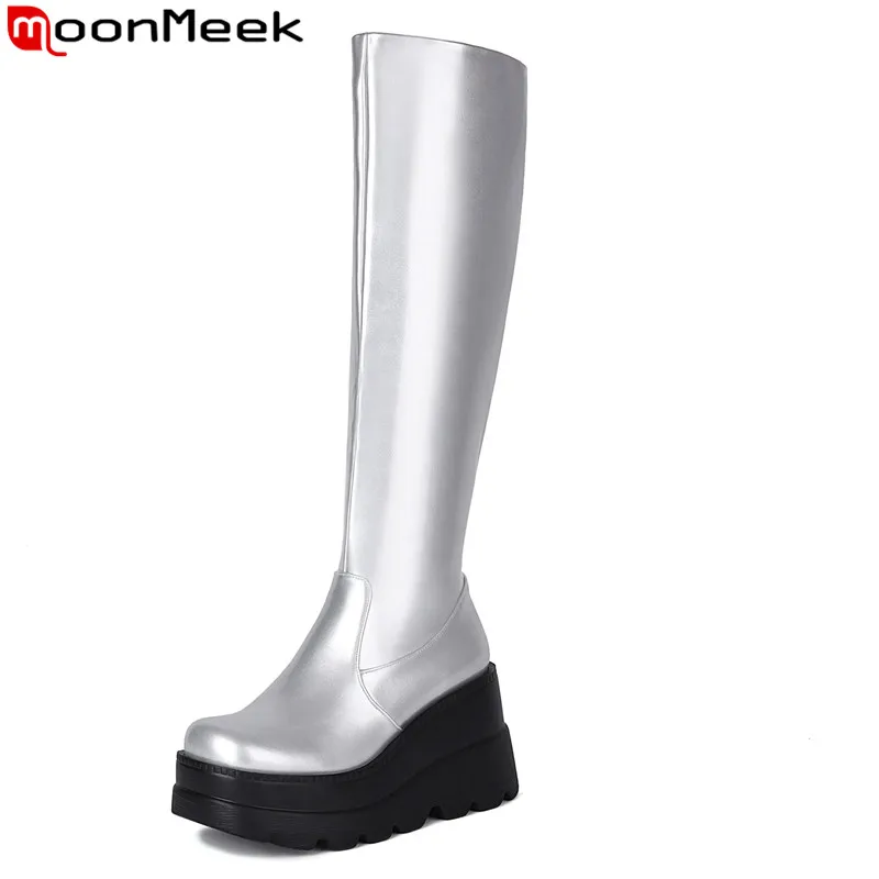 

MoonMeek 2023 Size 35-43 New Patent Leather Zipper Platform Boots Wedges High Heels Winter Boots Top Sale Ladies Knee High Boots