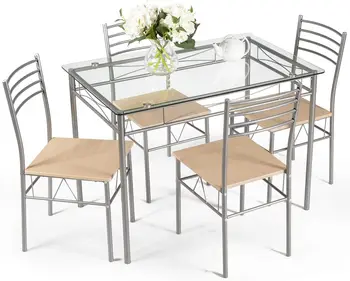 5-Piece Dining Set with Tempered Glass Table and 4 Chairs 1