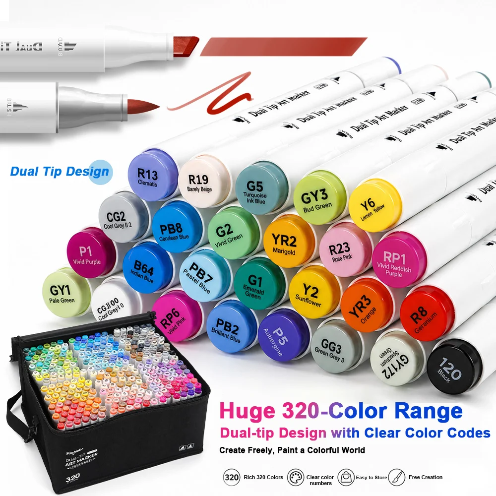 320 Colori Pennarelli a Base Alcolica a Doppia Punta, Permanenti, per Disegno Artistico e Illustrazioni, Forniture Scolastiche - immagine 2