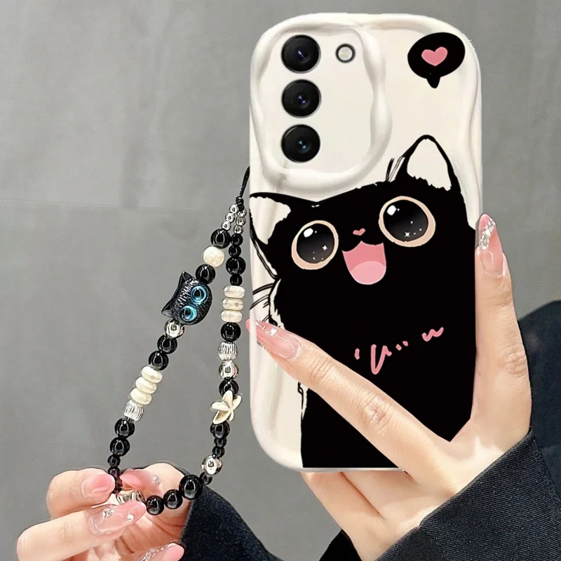 Elegant Black Cat Pearl Chain Phone Case
