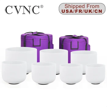CVNC 6-12 Inch Set of 7Pcs Frosted Quartz Crystal Singing Bowls for Meditation Healing with Free Carry Bags and O-rings