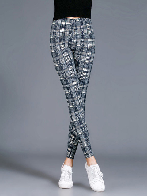 CUHAKCI Female Fitness Leggings Women Print Plaid Leggings Lady Sexy Slim Pencil Pants Push Up Elastic Waist Trousers