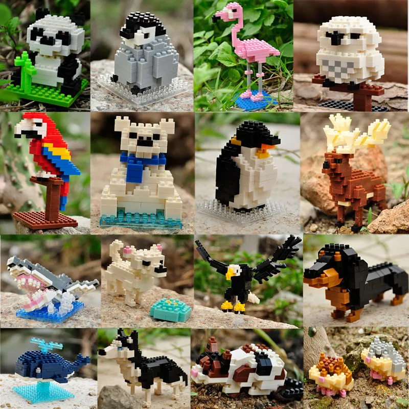 Mini Building Blocks 3D Animal  Diamond Model Micro Bricks Dog Cat Bird Moose Wolf Panda Macaw Toys For Children Birthday Gifts