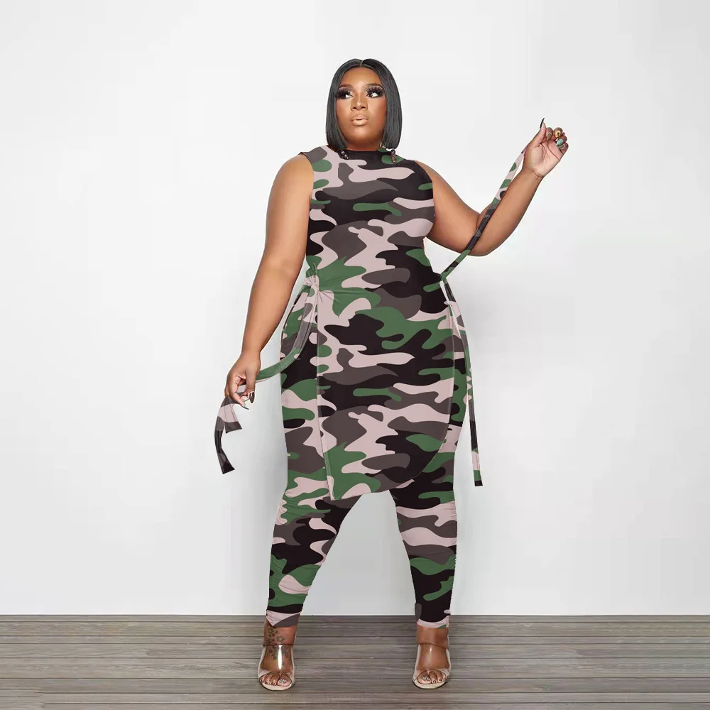 Camouflage Plus Size Women Clothing Two Piece Outfits Sleeveless Round Neck Bandage Crop Tops Pants Sets Wholesale Drop Shipping