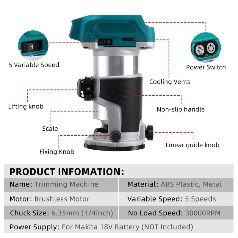 Wood Router 30000 RPM 5 Speeds Brushless Cordless Electric Hand Trimmer Inclined Socket Wood Router for 18V Lithium Battery