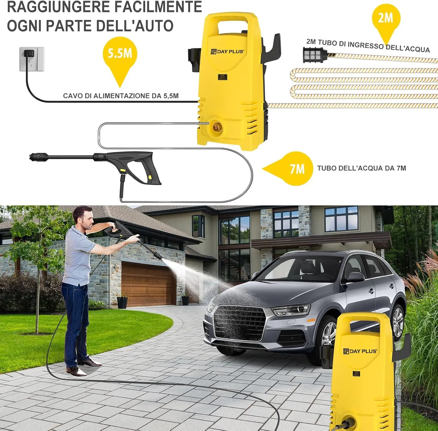 Home& Garden High Pressure Washer,3-IN-1 Power Jet Nozzle,High Power Portable Electric Jet Washer for Patio Car Driveway &Garden 3