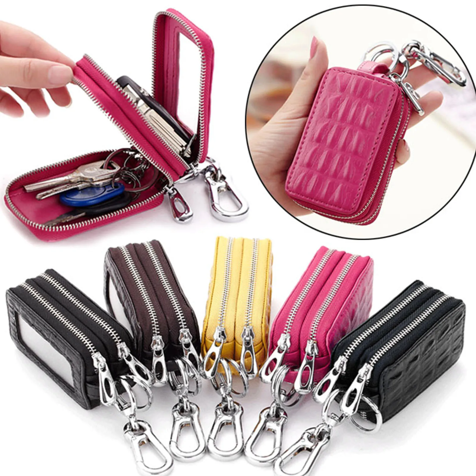 Pink Car Key Bag Fashion Clear Leather Key Holder Organizer with