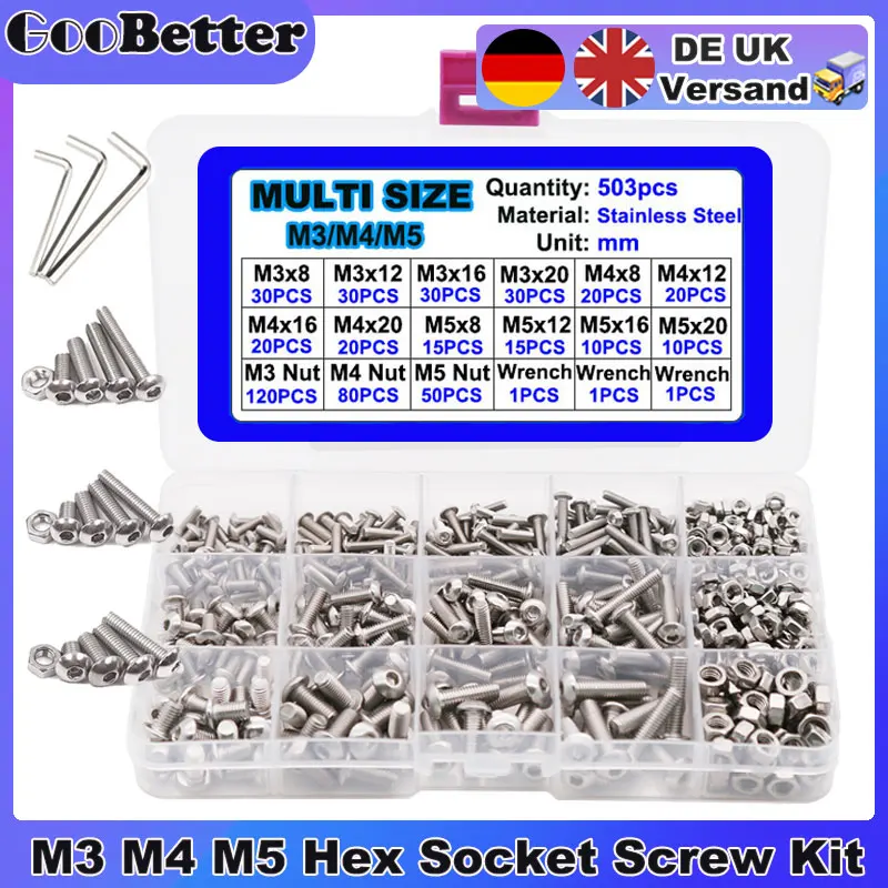 

503Pcs Hexagon Hex Socket Screw Set M3 M4 M5 Stainless Steel Round Cap Head Screws Bolt and Nut Assortment Kit tornillos 볼트 나사