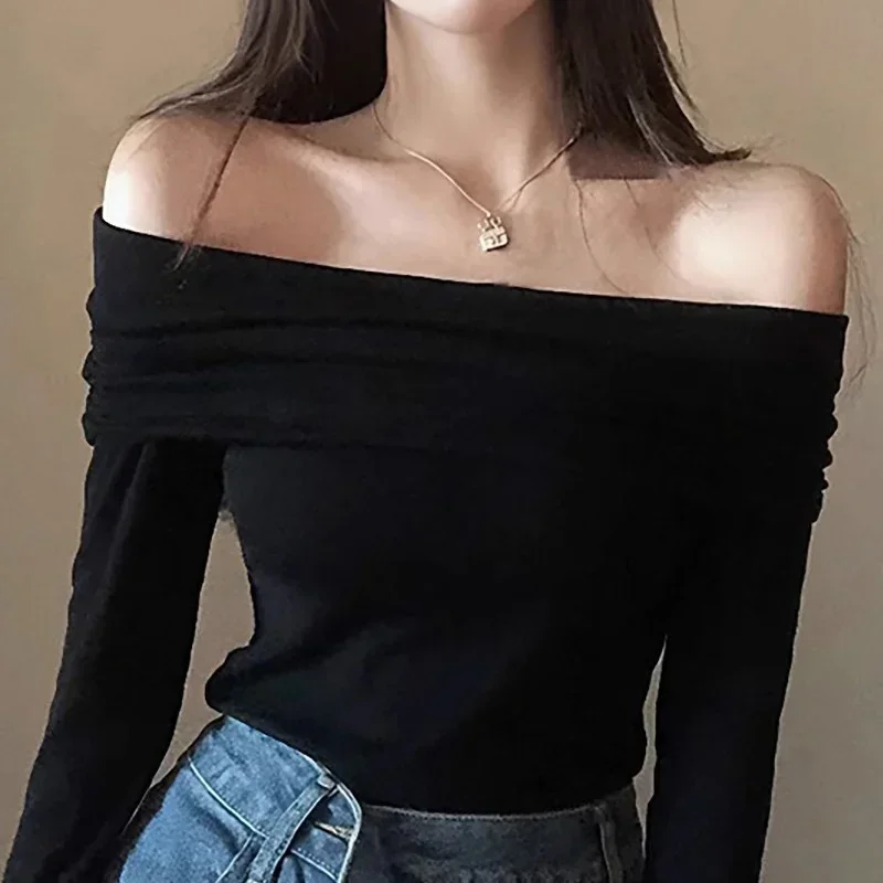 Camisetas con hombros descubiertos para mujer, camisetas casuales de manga larga lisas, tops cortos, ropa de calle, ropa de club, suéteres sexys con cuello torcido y cálidos