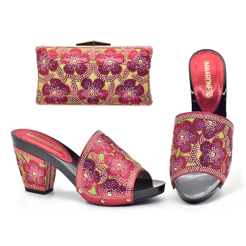 

New Arrival Rhinestone Women Slippers Sandals And Square Bag Set Summer Fashion Heels Shoes And Bag To Match Set For Party