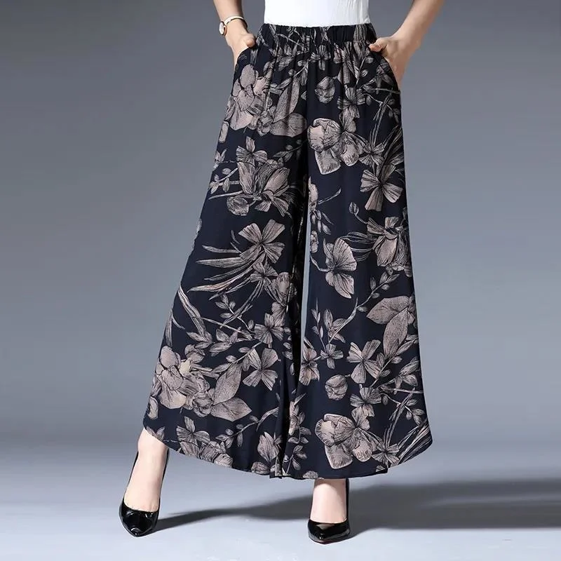 

Women's Ice Silk Wide Leg Trouser Summer 2023 New Middle Aged Women Loose Floral Print Skirt Pants Casual Baggy Cropped Pants