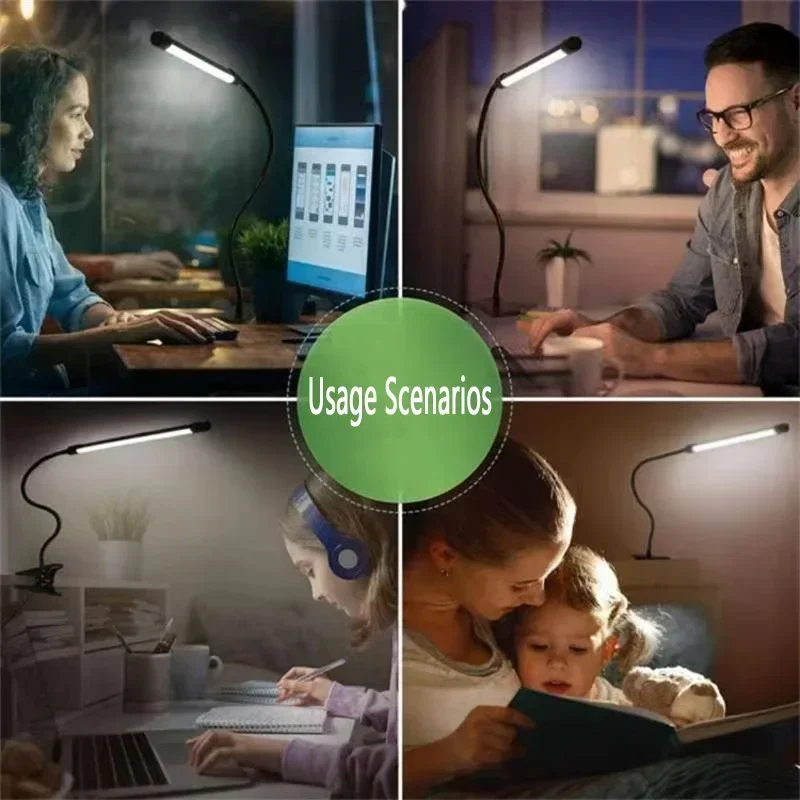 Black LED Clip-On Desk Lamp - Eye Protection Reading Light for Dorm, Bedroom, or Office