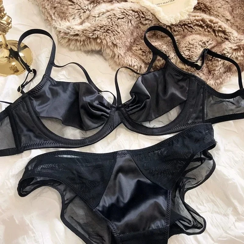 Adjustable Bandage Lingerie Set - Satin & Lace Bra w/Steel Rings + Glossy Panty | Sexy Underwear for Women (Black/Red)