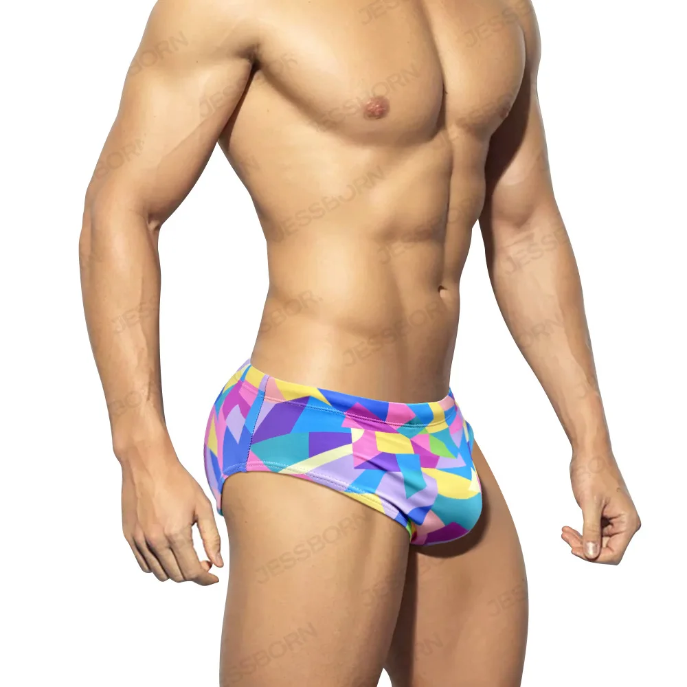 of men's block printed swimming trunks cup anti-embarrassing sports fitness beach hot spring swimming pool swimsuit