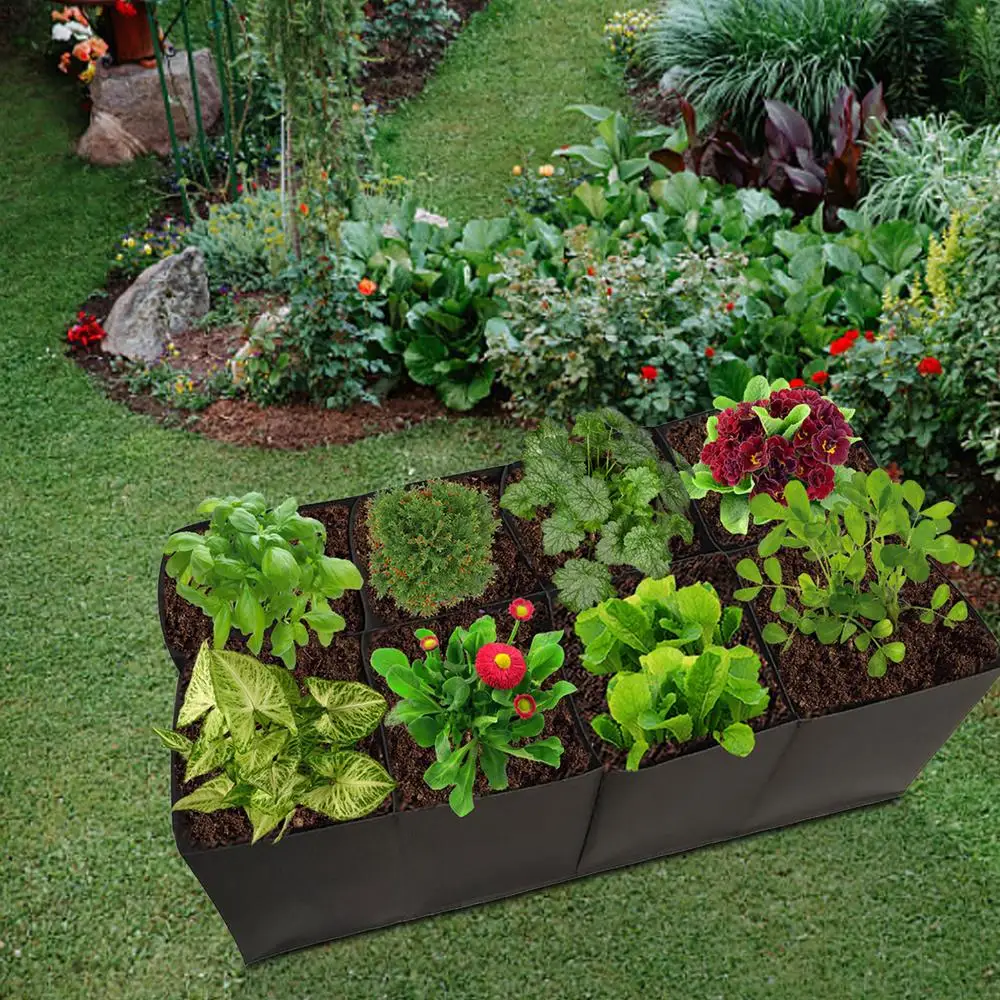 8 Grids Garden Raised Planting Bed Non-Woven Fabric Raised Garden Bed Square Garden Flower Grow Bag Vegetable Planter Pot
