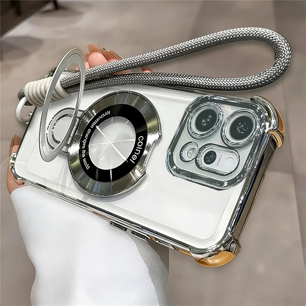 Transparent Shockproof Soft Silicone Phone Case with Rope Lanyard Strap and Stand