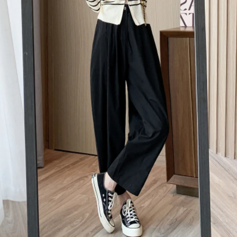 

Женские брюки, винтажные черные повседневные брюки с завышенной талией, прямые брюки с широкими штанинами, модные женские Мешковатые брюки в уличном стиле