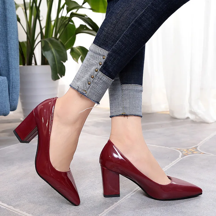 

New Women Pumps Black High Heels Lady Patent Leather Shallow Thick with Autumn Pointed Single Shoes Slip-On Female Shoes