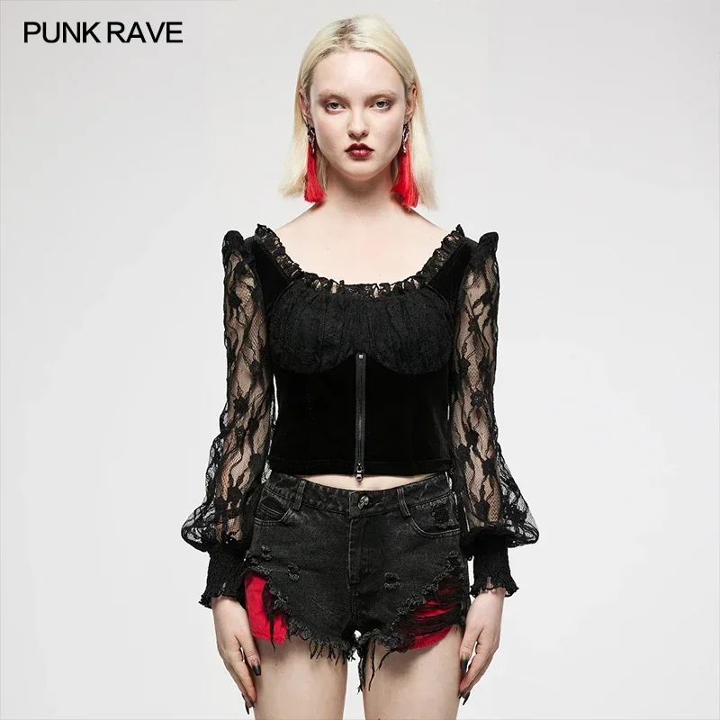 

PUNK RAVE Women's Lolita Black Square-neck Velvet-paneled Lace Top Gothic Daily Wood Ear Edges Elegant Long Sleeve Shirt