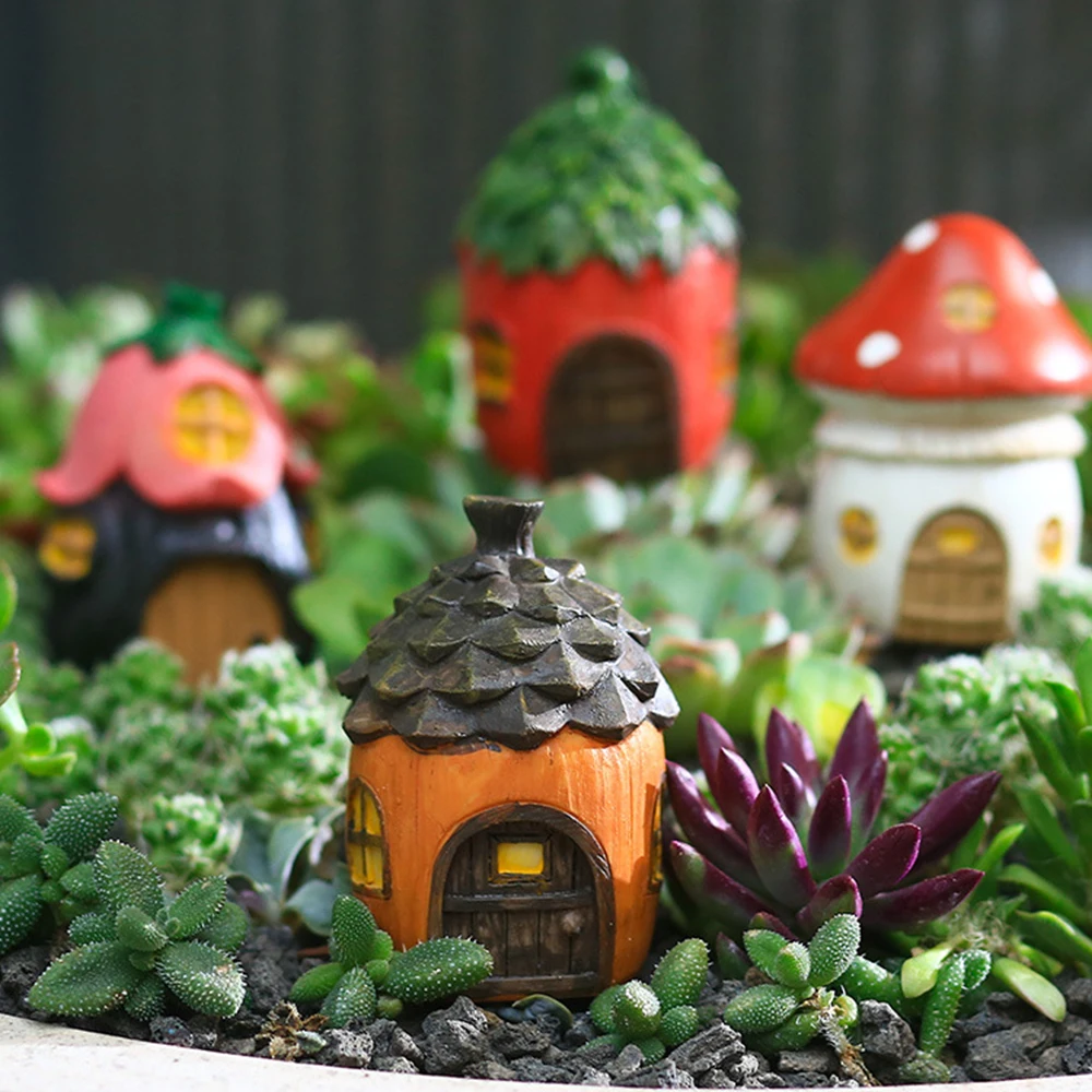 

New Creative Mini Resin Garden Mushroom Figurines Flower Pinecone House Flower Bonsai Decoration Micro Landscape Ornaments