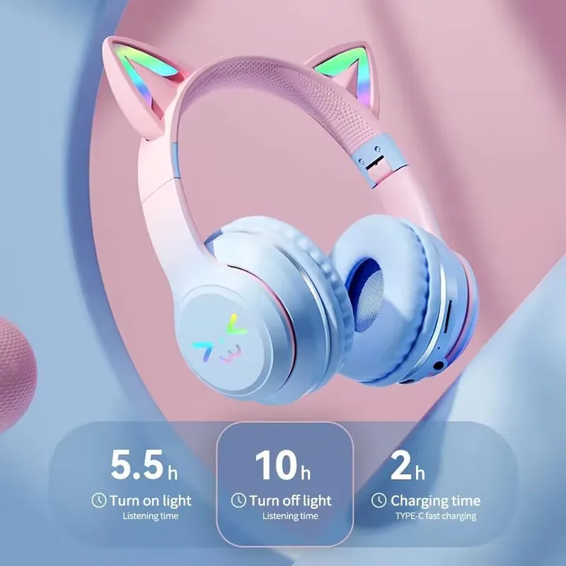 RGB Glow Earphones Wireless Earbuds 5.3 Cat Ear Bluetooth Sports Headphones...