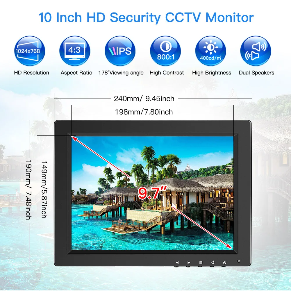 Eyoyo EM10O 10 Inch Security CCTV Small Monitor HD 1024x768 4:3 IPS Screen With Speakers BNC/HDMI/VGA/AV Input for PC Gaming