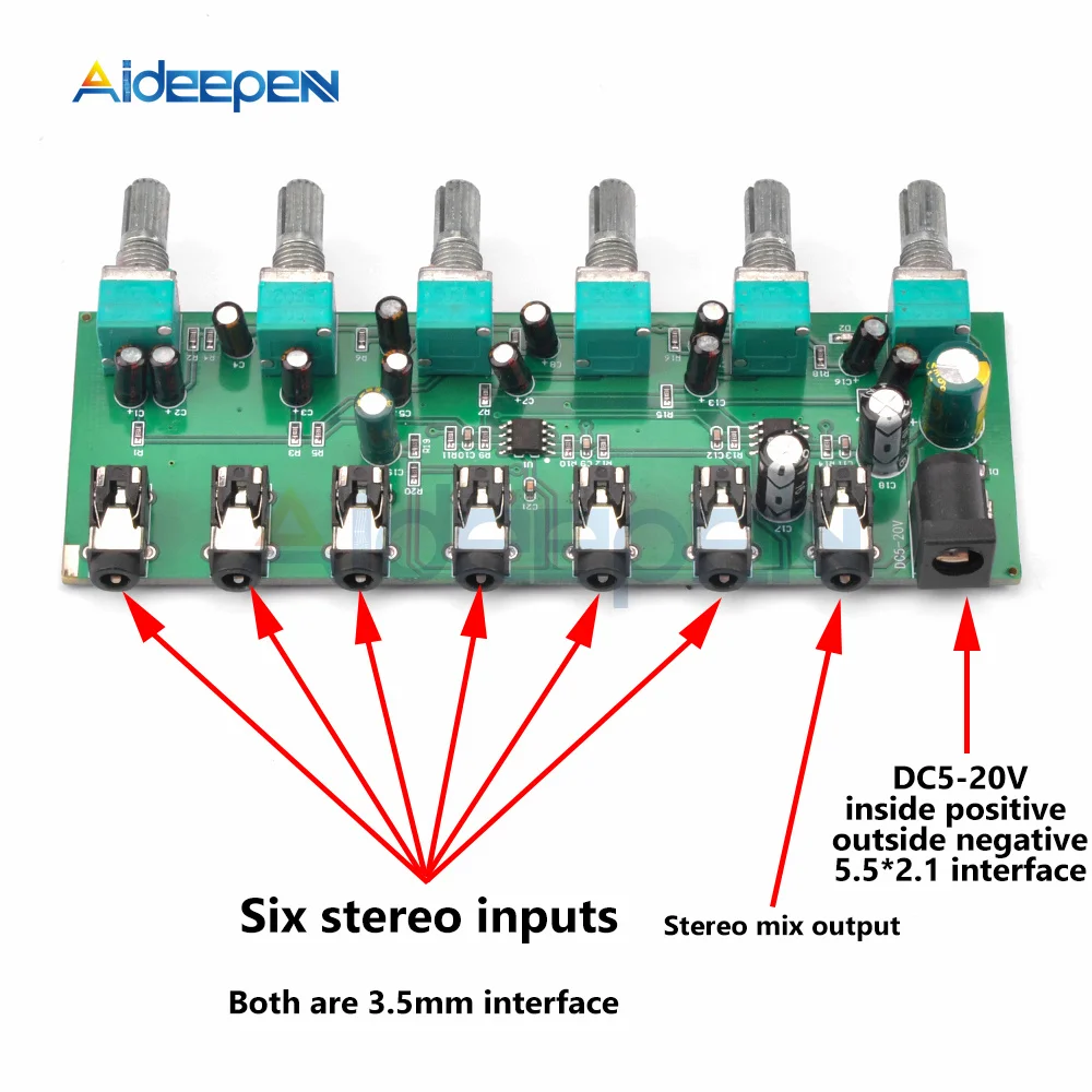 

DC 5-20V Stereo Auido Mixer 6 Way Input Sound Mixing Board 6 Input 1 Output With Separate Volume Adjustment