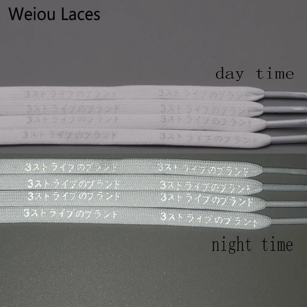 Weiou 7mm Flat Nice Letter Printing 3M Reflective Japanese Katakana Kanji Shoelaces Plastic Tips Printed Laces For Sport Shoes
