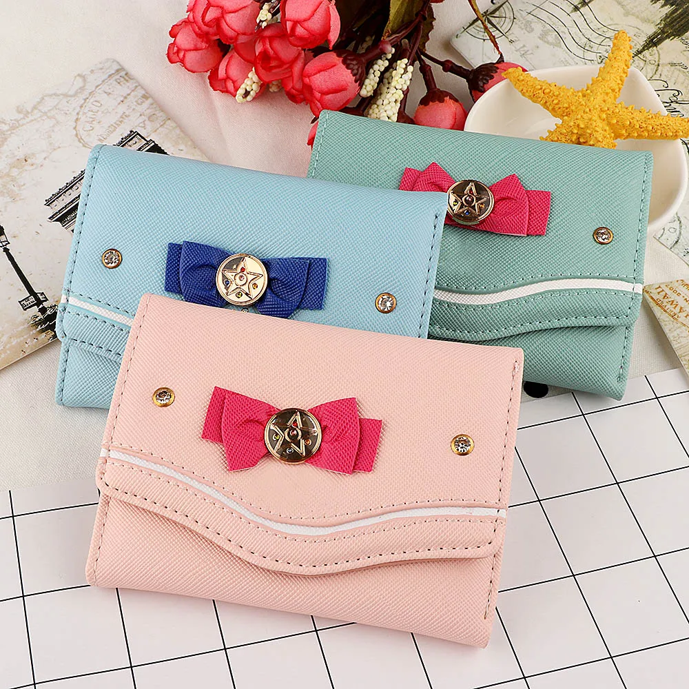 New Sailor Moon Clutch Purse Sweet Style Bow Knot PU Leather Short Wallet Candy Color Women Fashion Card Coin Bag Hot Sale