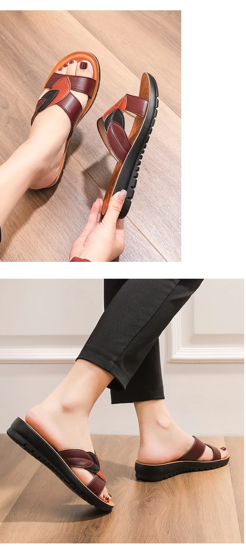 Plus Size 2025 Summer New women Slippers Genuine Leather Open Toe Casual Comfortable women's wedges shoes Mother Slip on Sandals
