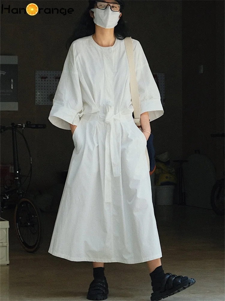 HanOrange Spring Shirt Dress Loose Profile Tie Waist Art Half Sleeve Dress white/army green