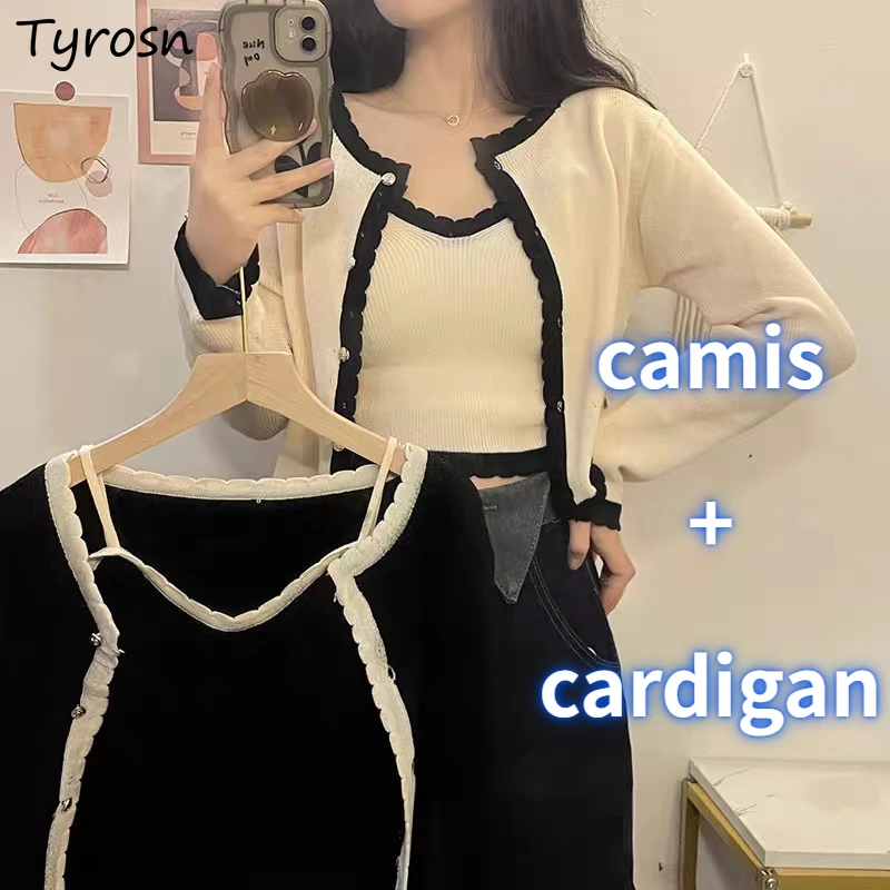 

2 Pcs Sets Women Knitted Crop Tops Camis Panelled Outwear Cardigan Autumn Hotsweet Soft Aesthetic Girlish Tender Ulzzang Mujer