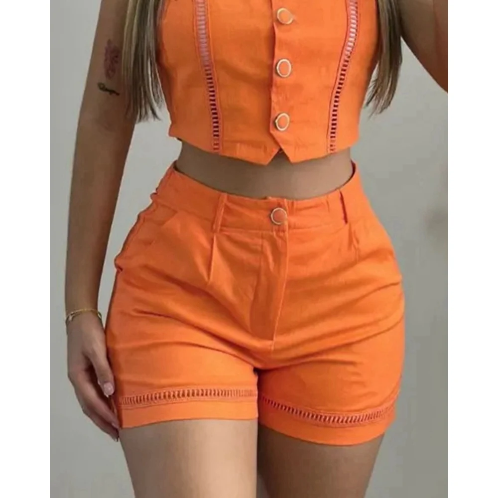 Casual Hollow Out Two-Pieces Suit Sets Buttoned Outfits Women Sleeveless Vest Crop Top & Shorts Set Solid Color Clothing