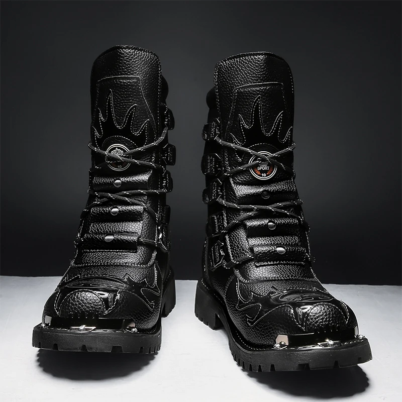 Black Leather Men's Platform Ankle Boots Square Toe Lace Up Shoes_voghion.com