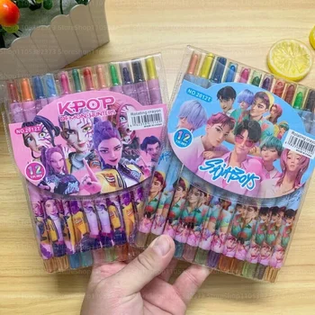 Popolari pastelli rotanti in stile gruppo di ragazze, 12 colori, graziosi strumenti da disegno per bambini e studenti, per colorare e dipingere ogni giorno, articoli di cancelleria.