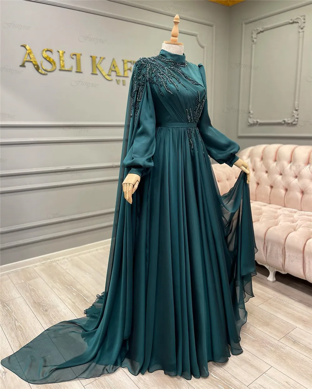 long formal dresses Funyue Abendkleider Teal A-Line Long Sleeve Formal Dress Lace Beaded Chiffon Moroccan Caftan Muslim Evening Party Gowns 2022 New pink ball gown