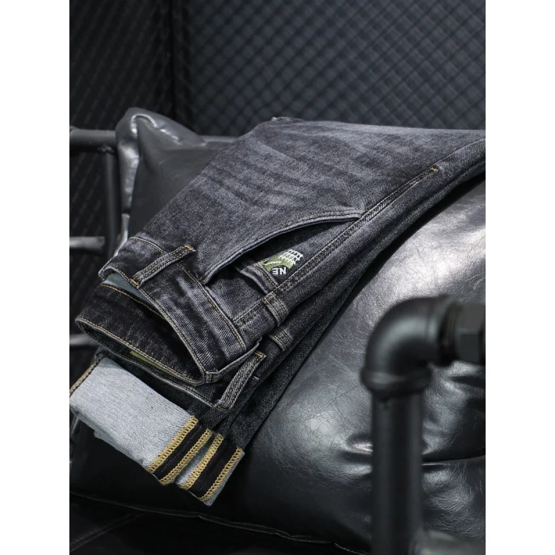 2024 New Saggy Jeans Men's Straight Slim Embroidered Fashion Korean Style Trends Stretch Casual Slant Pockets Harem Trousers