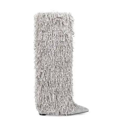 

Sliver Black Yellow Suede Pointed Toe Tassel Fringed Knee High Boots Winter Women Square Heels Tube Slip On Long Botas Shoes