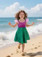 Robe de princesse sirène 2026 pour enfants, costumes de fête d'anniversaire, ensembles de vêtements d'été décontractés et mignons avec nœud pour filles, pour les vacances à la plage, pour 2-10 ans 5