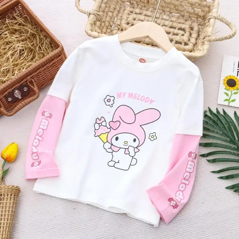 Sanrio Kuromi Children's Long Sleeve T-shirt Pure Cotton Girl Thin Tops Fake Two-piece Base Shirt Spring and Autumn Outfit 5