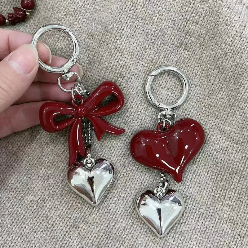 Cute Spring Buckle Red Love Key Chain Acrylic Fashion Bow Pendant Keychain Creative Bag Hanging Decoration Bag Accessories