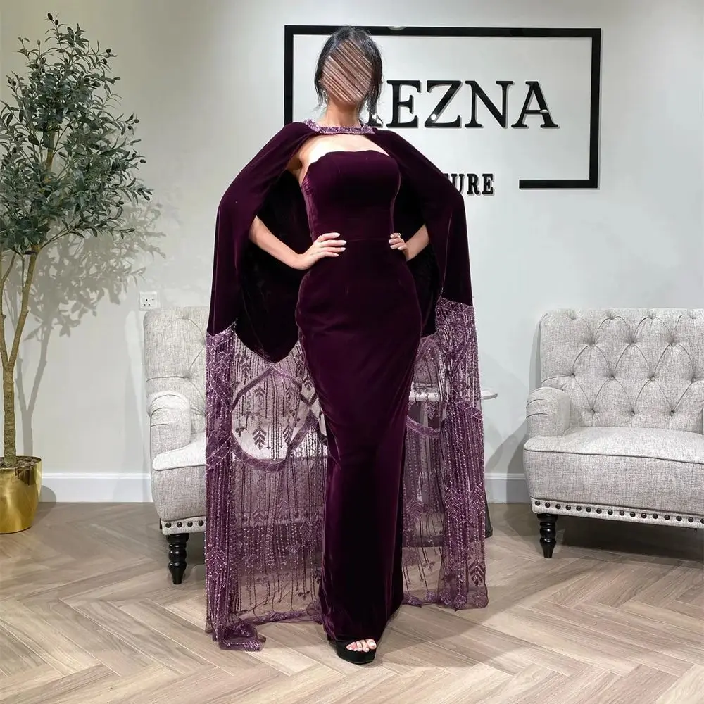 

Purple Velvet Evening Dress With Shawl Sleeveless Draped Solid Color Lace Beading Women's Elegant Floor Length Party Prom Gown
