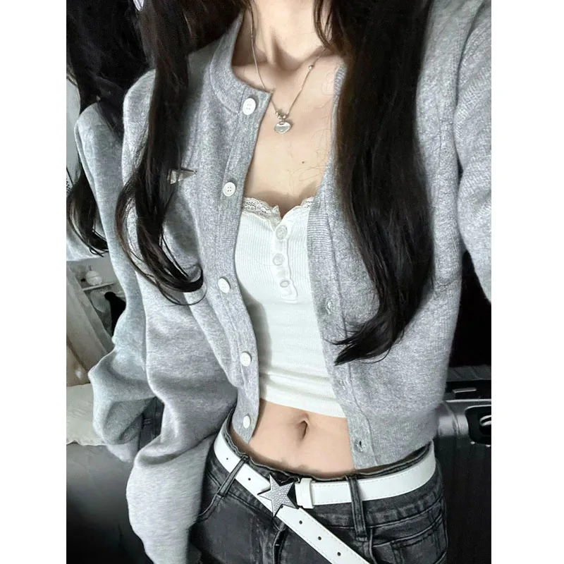

Korean Style Knitted Cardigan Women Cropped Sweaters Preppy Chic Casual O-neck Jumpers Y2k Gray Black Female Knitwears