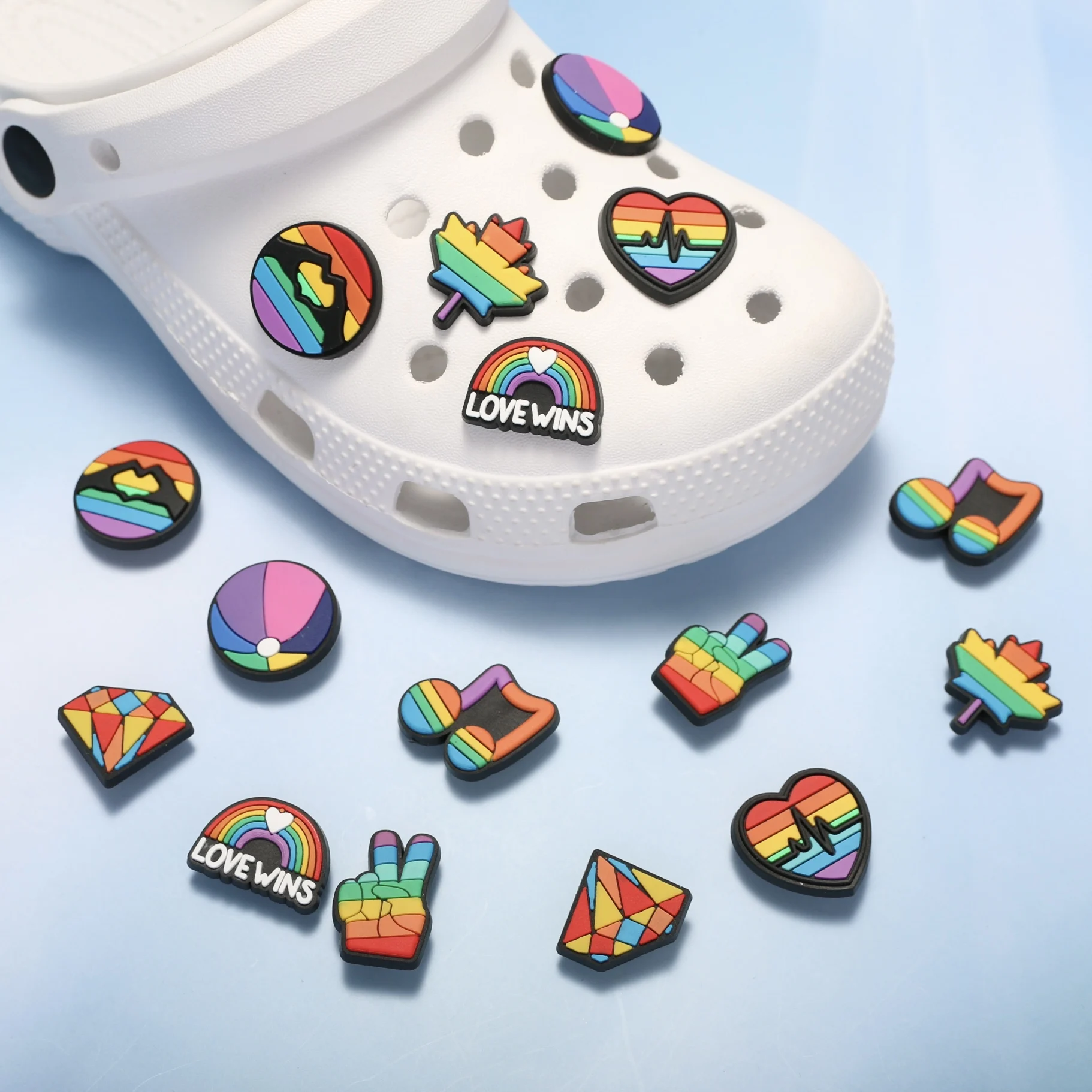 

8pcs/set Pvc Charms Colorful Rainbow Love Wins Music Note&maple Leaves-red Orange Yellow Blue Green-sandals Slippers Decoration