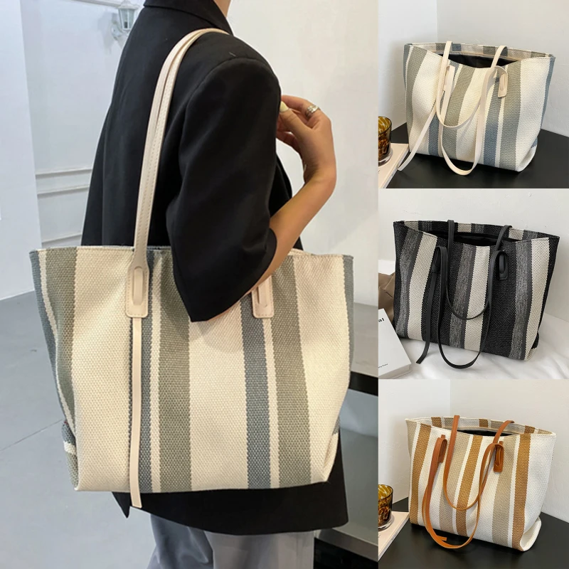 

Large Capacity Ladies Shoulder Bags Female 2024 New Simple Vertical Stripes Casual Tote Bag Fashion Women Handbag Shopper Bags