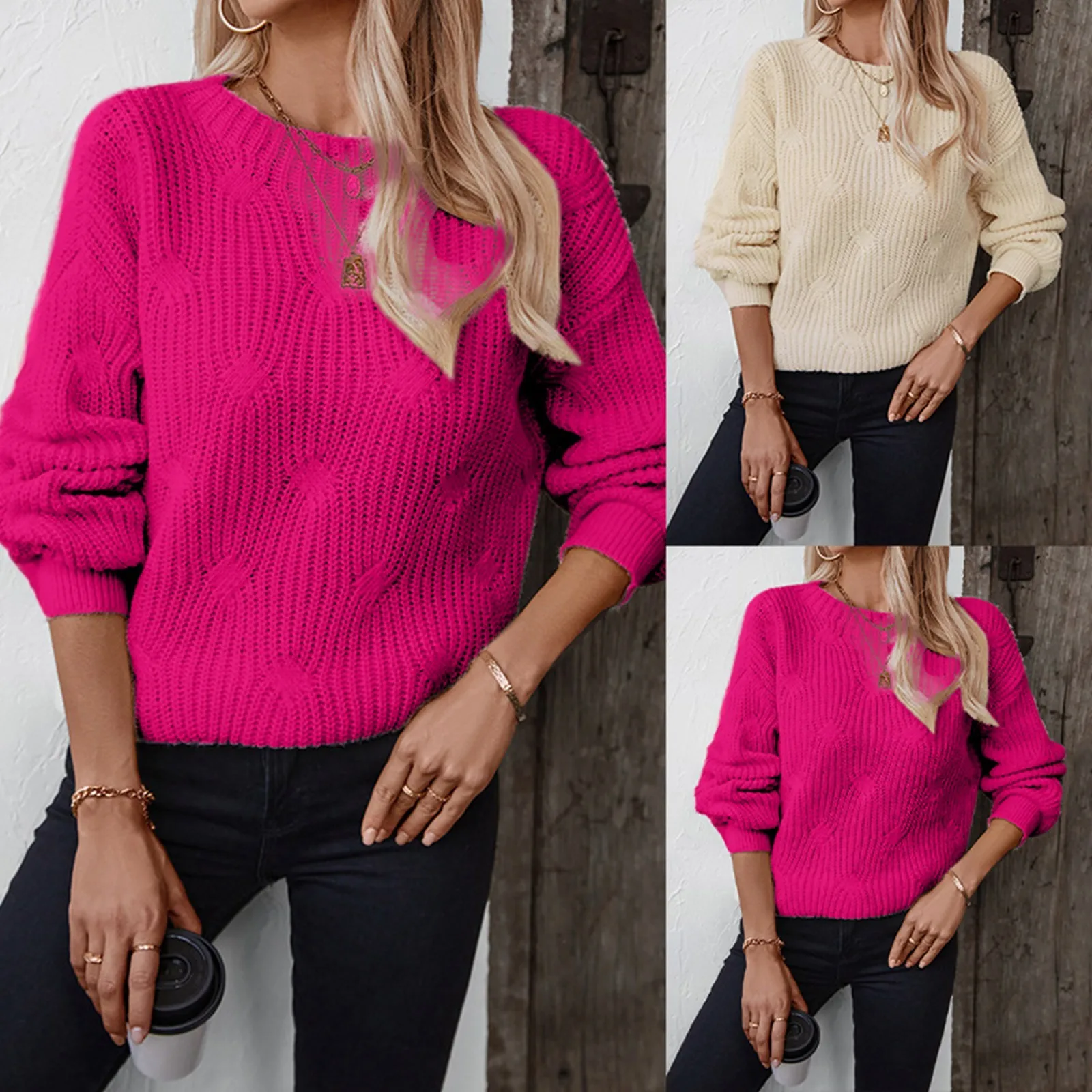 thumbnail image 2 of Suéter de punto grueso de color sólido para mujer, jersey holgado de cuello redondo, prendas de punto elegantes a la moda, tops casuales coreanos, 2 of 5