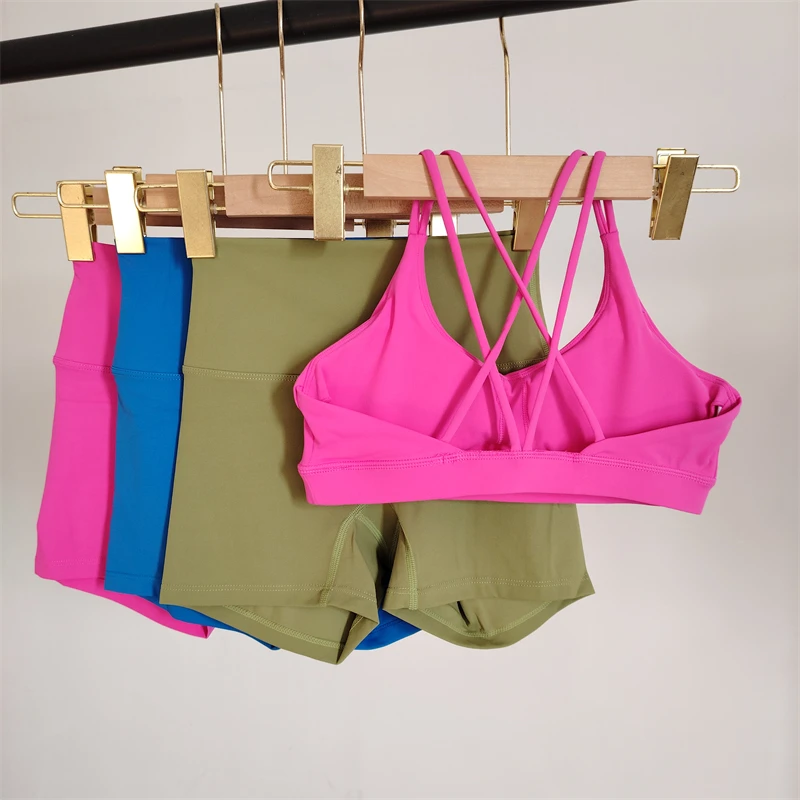 Solid Color Women Sportswear Suit Shorts High Waist Running Pilates Yoga Sexy Fitness Suit 2 Piece Set Cross Bra Beautiful Back