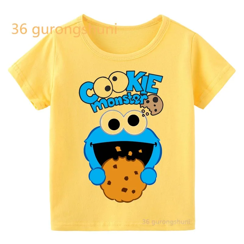 Koszulki dla dzieci Elmo Cookie Monster 3 4 5 6 stare urodziny dziecka chłopięce ubrania Cartoon T Shirt dziecięce ubrania chłopcy żółte T-shirty