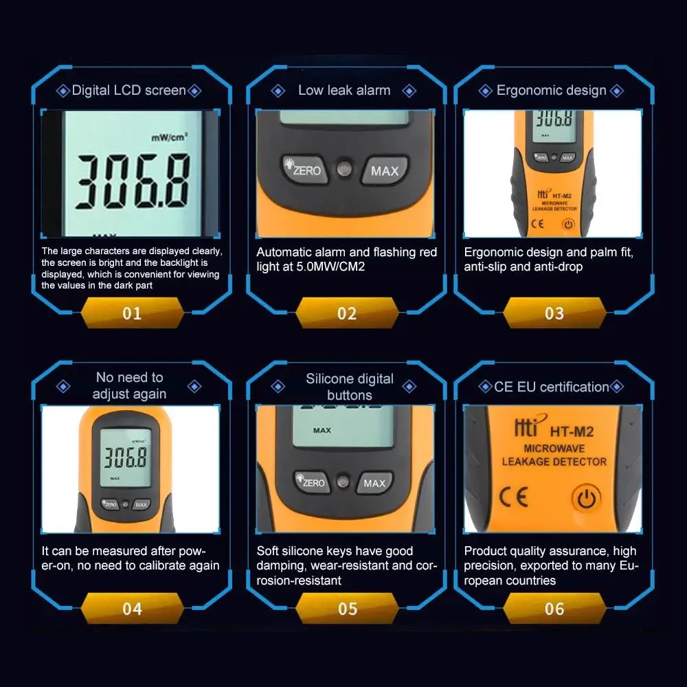 HTI HT-M2 Microwave Leakage Detector Portable Digital LCD Display Backlight High Accuracy Radiation Tester Meter 0-9.99mW/cm2 2