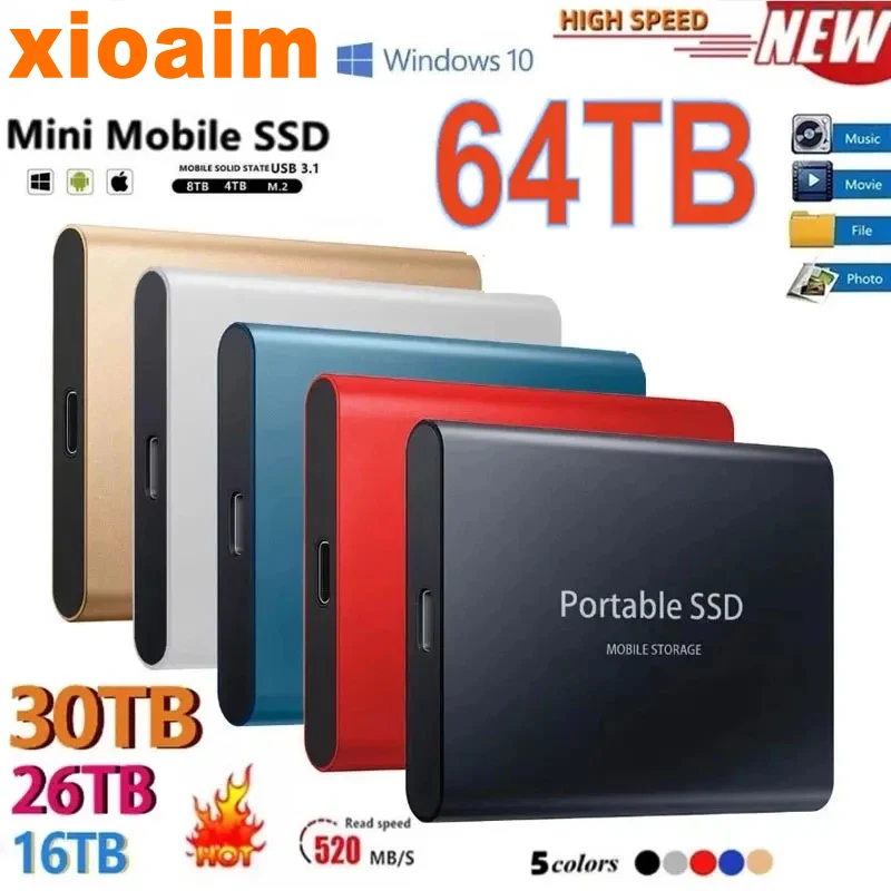thumbnail image 1 of Para Xiaomi, disco duro externo portátil SSD de 128 TB y 64 TB, disco duro de alta velocidad de 16 TB y 8 TB para computadoras portátiles y de escritorio, 1 of 5